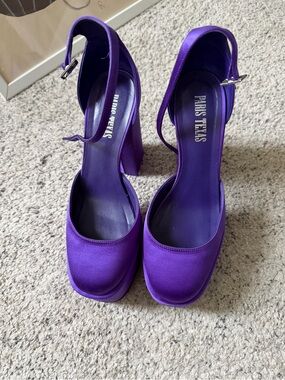 Paris Texas Vibrant Purple Satin Platform Pumps with Ankle Strap